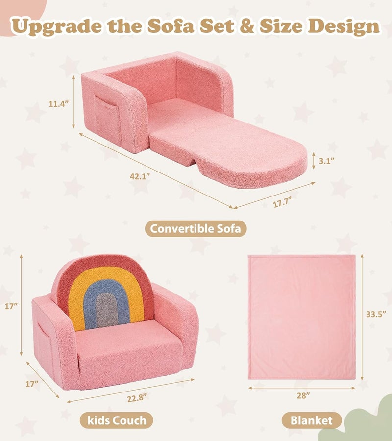 Foryoomi Kids Couch, 2-in-1 Soft Toddler Couch Fold Out with Blanket, Comfy Toddler Chair, Convertible Sofa, Gifts for Kids Girl Boys, Medium Colorful Pink Rainbow - Image 3